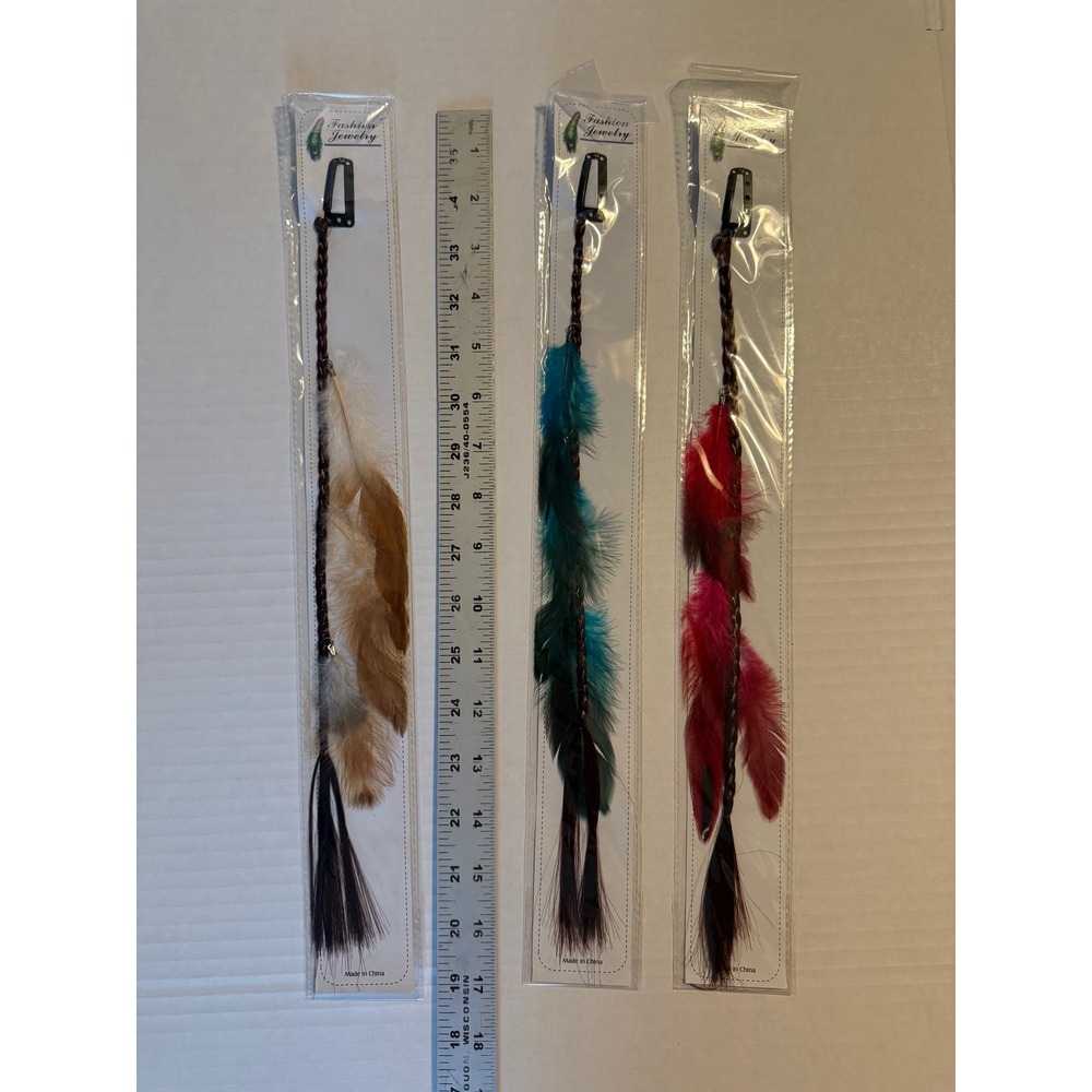 Vintage 1990s NOS Feather Hair Extensions Clips Set of 3 Brown Teal Red Boho